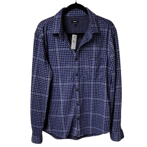 Express Blue Plaid Button Down Long Sleeve Flannel Shirt Mens Size Medium NWT - Picture 1 of 10